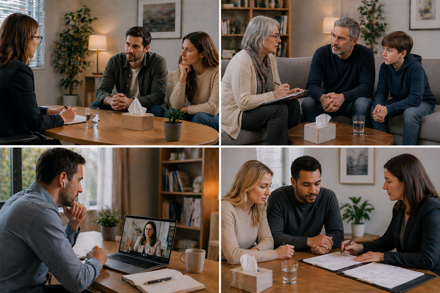 A family mediation session in progress, with a mediator sitting across from a couple and guiding them through a discussion in a calm and supportive way.